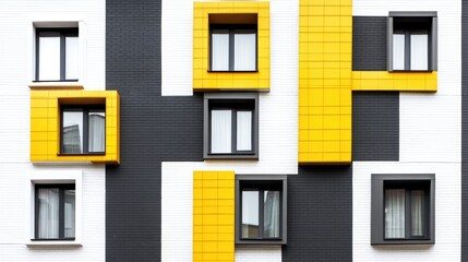 Fototapeta premium Contemporary brick building facade featuring vibrant yellow and dark gray panels illustrating modern architectural design and urban living standards