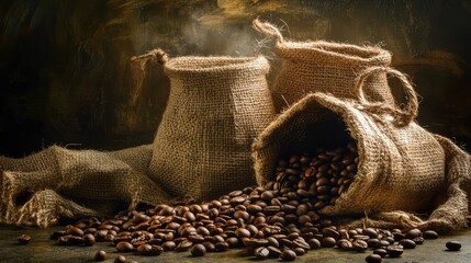 Obraz premium Rustic burlap sacks spilling coffee beans creating a warm and inviting vintage background for coffee-themed compositions and advertisements