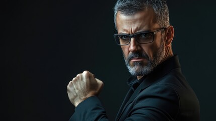 Middle aged man with serious expression and raised fist against dark background conveying emotions of anger and defense in challenging situation