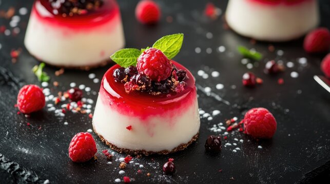 Delicious Mamul Dessert Garnished with Fresh Berries and Mint on a Dark Slate Background
