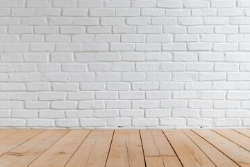Minimalistic white brick wall with natural wooden floor ideal for modern interior backgrounds
