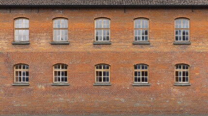 Fototapeta premium Brick building facade featuring multiple windows showcasing vintage architectural design and textured wall elements