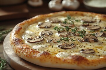Freshly baked truffle or mushroom pizza on a wooden plate looks delicious, warm, luxurious and tempting. It is suitable for promoting restaurants or food products in advertising and social media.