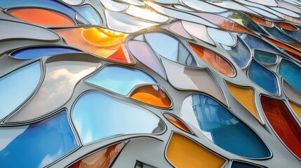 Colorful glass facade of contemporary building reflecting sunlight against a clear blue sky in an abstract design close-up
