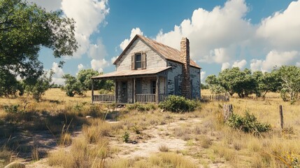 Vintage Rustic Homestead Farmhouse Surrounded by Rural Landscape and Lush Greenery Under a Bright Blue Sky