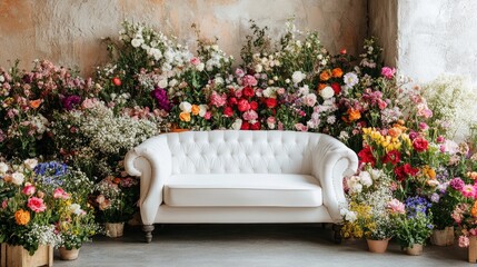 Obraz premium Spring-themed living room featuring a classic white sofa adorned with a vibrant array of colorful flowers creating a charming photo backdrop.