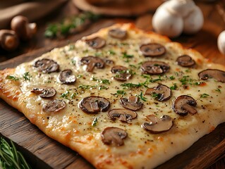 Freshly baked truffle or mushroom pizza on a wooden plate looks delicious, warm, luxurious and tempting. It is suitable for promoting restaurants or food products in advertising and social media.