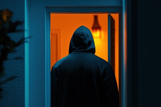 Suspenseful silhouette of a hooded figure entering a house at night with dramatic lighting