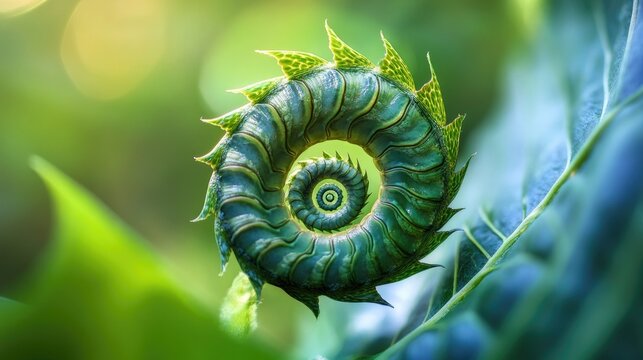 Spiral Arrangement in Nature Illustrating Fibonacci Pattern with Green Nautilus Shell on Leaf Background