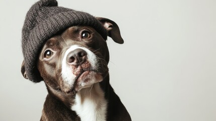 Mongrel dog looking curiously while wearing a stylish bah humbug hat against a clean white backdrop for festive themes