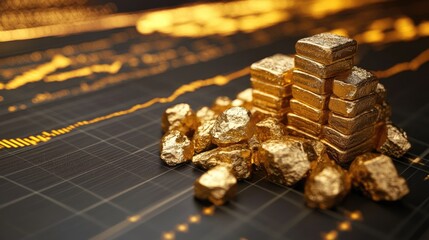 Gold investment concept with stock exchange data displayed on screen featuring gold bars and nuggets representing wealth and market trends.