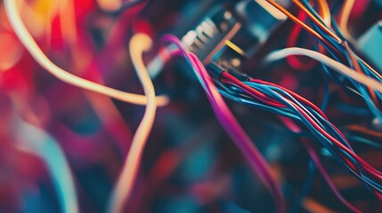Close up of a junction box filled with a tangled array of colorful electrical wires and cables in a detailed, abstract view