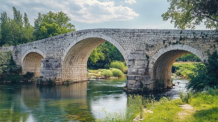 Fototapeta premium Scenic view of an ancient stone bridge with arches reflecting in tranquil waters surrounded by lush greenery and a serene atmosphere