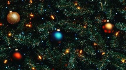 Close-up of Christmas Tree with Ornaments and Lights