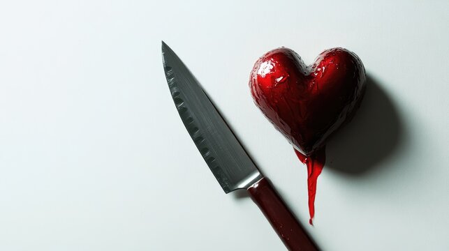 Knife piercing a heart with blood on a clean white background symbolizing love and betrayal