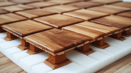 Laminated flooring installation process with wooden tiles on a white foam base for enhanced durability and cushioning system