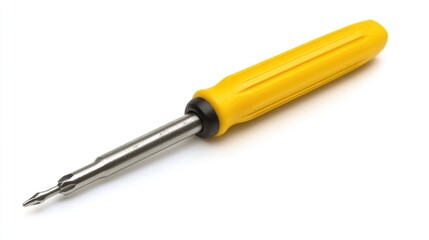 Fototapeta premium Yellow screwdriver with a comfortable grip isolated on a white background, ideal for DIY projects and tool-related designs.