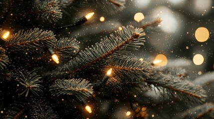 Fototapeta premium Enchanting Christmas Tree Branches with Warm Lights and Falling Snow