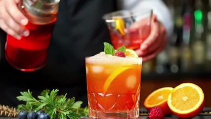 Showcase the intricate craft of creating stunning cocktails, with a focus on visual flair and technique