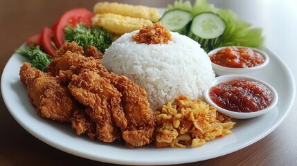 Traditional Indonesian Nasi Liwet Bancakan served with fried chicken, tofu, tempeh, sambal, and fresh vegetables on a plate