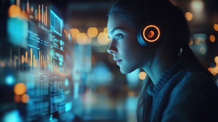 Naklejka premium Data analyst in modern office focused on dashboard analytics with headset, illuminated by vibrant screens in soft focus ambiance.