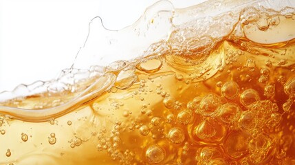 Close-up of golden honey in a jar with bubbles and wax against a clean white background highlighting its texture and clarity