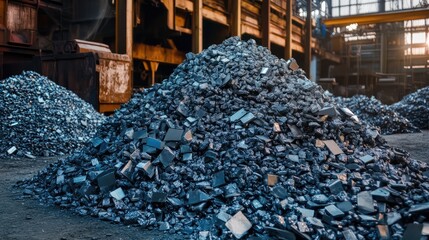 Aluminium and metal scrap pile in industrial warehouse ready for transport to manufacturing facility for recycling and processing