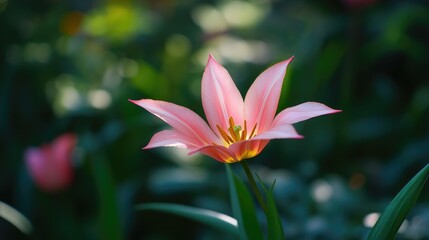 Pink tulip flower in focus surrounded by blurred greenery showcasing the beauty of ornamental plants in a garden setting