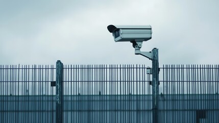 Industrial security camera surveillance system on a metal fence against a cloudy sky backdrop in an urban environment.