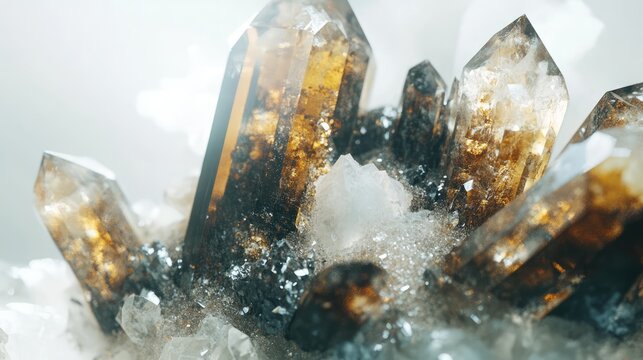 Macro shot of Drusus quartz crystals with sphalerite on a white background showcasing intricate mineral formations and textures.