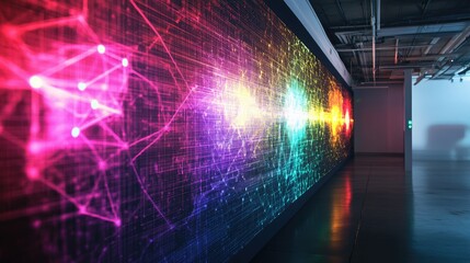Vibrant network graphic mural illuminated in a modern urban space showcasing colorful data visualization and technology integration
