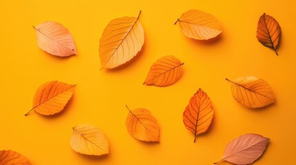 Obraz premium Top view of vibrant orange and yellow autumn leaves scattered on a bright yellow background, emphasizing seasonal colors and natural textures, fall, aesthetic, decor, background.