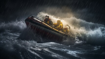 Small boat in stormy sea rescuing person from water, spotlight illuminates rescue action, waves crashing, urgent and relieved reaching for help.
