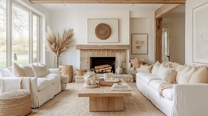 A farmhouse-style living room featuring rustic wooden beams, a large stone fireplace as the focal point, neutral-toned furniture, vintage-inspired decor,