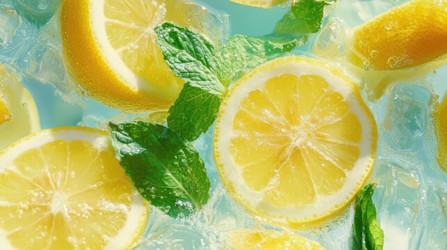 Refreshing lemon iced tea with mint leaves and ice cubes in a vibrant summer setting