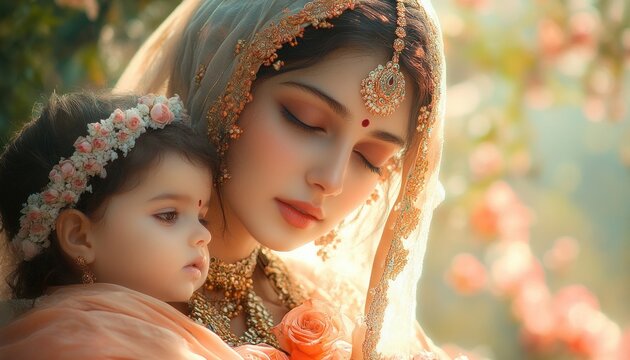 Krishna Embracing Yashoda Maa with Flute in Traditional Indian Art Style