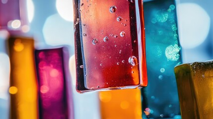 Close up of vibrant jelly candies in various colors resembling stacked sticks against a blurred background