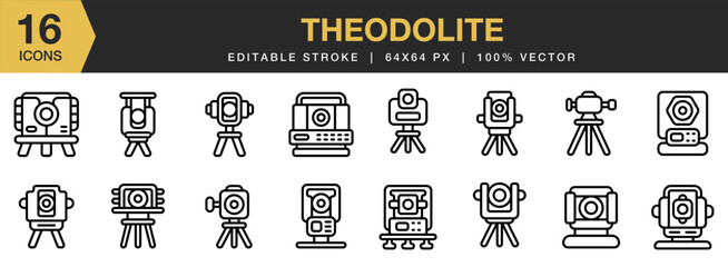 Theodolite icon set. Editable Stroke Icon Collection. Includes Theodolite, Construction, Survey, Tripod, Stand, and More. Outline icons vector collection.