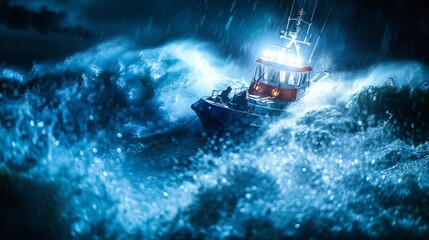 Naklejka premium Small boat in stormy sea rescuing person from water, spotlight illuminates rescue action, waves crashing, urgent and relieved reaching for help.