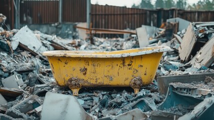 Yellow vintage bathtub amidst a debris field highlighting recycling efforts and environmental concerns in modern consumerist society