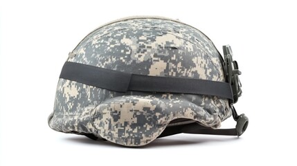 Military Kevlar helmet with chin strap on a white background for safety and protection concept in combat scenarios