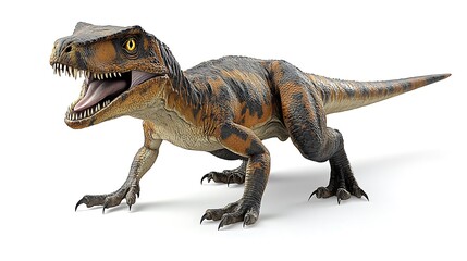 Obraz premium A fierce, brown and black raptor dinosaur, with its mouth open, isolated on white background.