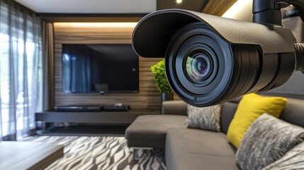 Naklejka premium CCTV camera monitoring modern living room interior with stylish decor and cozy furnishings for security and comfort analysis
