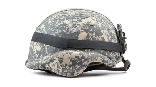 Military Kevlar helmet with chin strap on a white background for safety and protection concept in combat scenarios