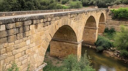 Fototapeta premium Renovated stone bridge with arches over a serene river surrounded by greenery in a tranquil outdoor setting