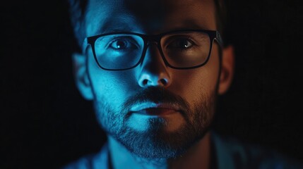Man engaging with futuristic digital interface in dark setting emphasizing user experience and cybersecurity technology interactions.