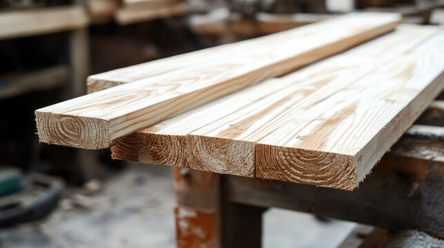 Wooden boards stacked in a workshop showcasing the process of milling and woodworking techniques used in furniture crafting.