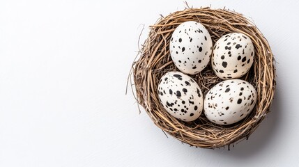 Bird nest with four speckled eggs on a clean white background showcasing nature's beauty and new beginnings.