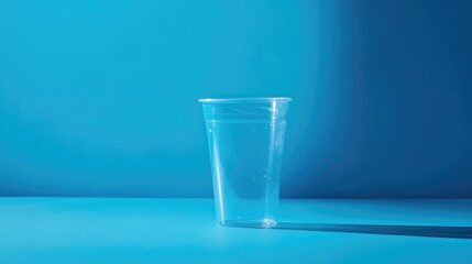Crushed disposable plastic cup on a blue backdrop creating a minimalist and modern visual effect in product photography