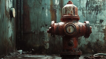 Rusty vintage fire hydrant in a gritty urban environment showcasing peeling paint and weathered textures.